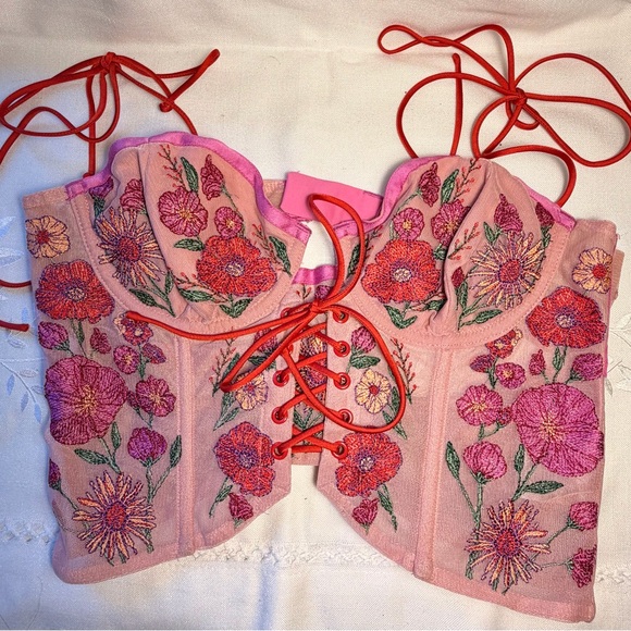 For Love And Lemons Other - For Love & Lemons Floral Embroidered Corset Bra with Red Lace-Up